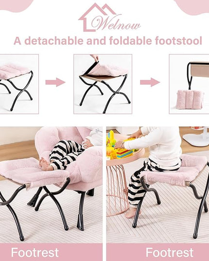 Welnow Toddler Kids Lazy Chair with Ottoman, Accent Comfy Lounge Children Armchair Couch with Armrest and Removable Cover, Detachable Reading Chair with Footrest for Boy or Girl, Plush Pink - LeafyLoom