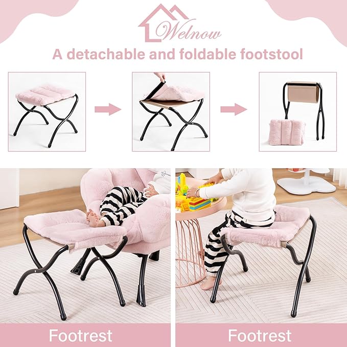 Welnow Toddler Kids Lazy Chair with Ottoman, Accent Comfy Lounge Children Armchair Couch with Armrest and Removable Cover, Detachable Reading Chair with Footrest for Boy or Girl, Plush Pink - LeafyLoom