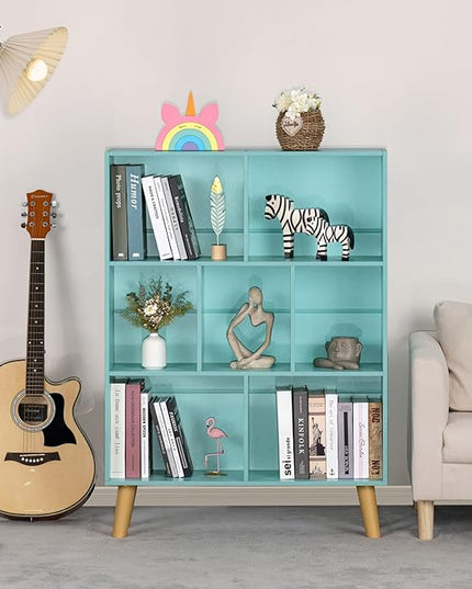 LEYAOYAO 7 Cube Bookshelf 3-Tier Bookcase with Legs, Mint-Green Kids Book Shelf Cute Storage Organizer, Toy Shelves Bookshelves,Wood Display Bookcases - LeafyLoom