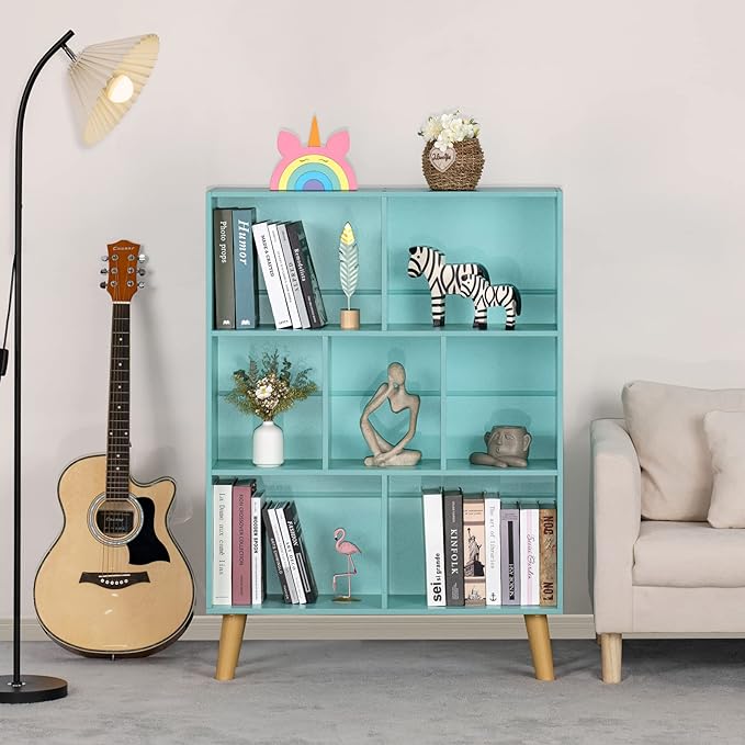 LEYAOYAO 7 Cube Bookshelf 3-Tier Bookcase with Legs, Mint-Green Kids Book Shelf Cute Storage Organizer, Toy Shelves Bookshelves,Wood Display Bookcases - LeafyLoom