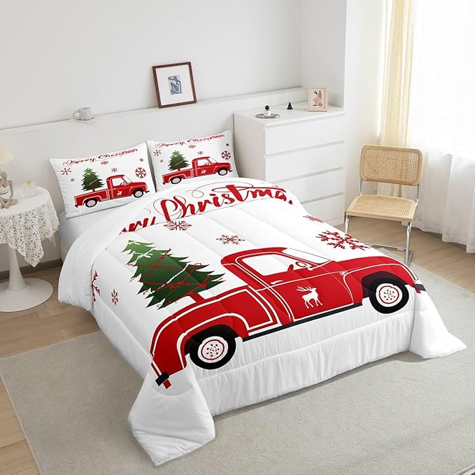 Christmas Truck Bedding Set King Size Christmas Tree Comforter Set Boys Girls Red Xmas Gift Snowflakes Bedding Comforter Sets for Teens Bedroom Decor Elk Deer Christmas Decorations Quilt Duvet Set - LeafyLoom