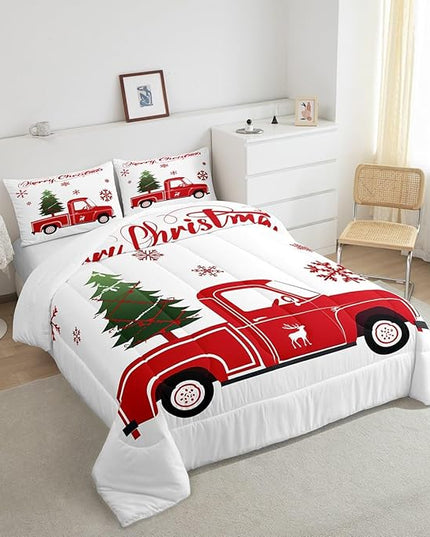 Christmas Tree Comforter Set Full Size Red Truck Bedding Set Boys Girls Red Xmas Gift Snowflakes Comforter for Teens Bedroom Decor Elk Deer Christmas Decorations Bedding Duvet Set - LeafyLoom