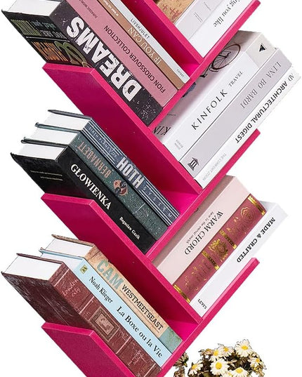 8 Tier Tree Bookshelf with Drawer, Free Standing Wood Bookcase for Narrow Space, Storage Organizer Bookshelves for Books, Book Case for Home Office, Living Room, Bedroom - Pink - LeafyLoom