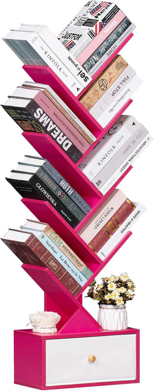 8 Tier Tree Bookshelf with Drawer, Free Standing Wood Bookcase for Narrow Space, Storage Organizer Bookshelves for Books, Book Case for Home Office, Living Room, Bedroom - Pink - LeafyLoom