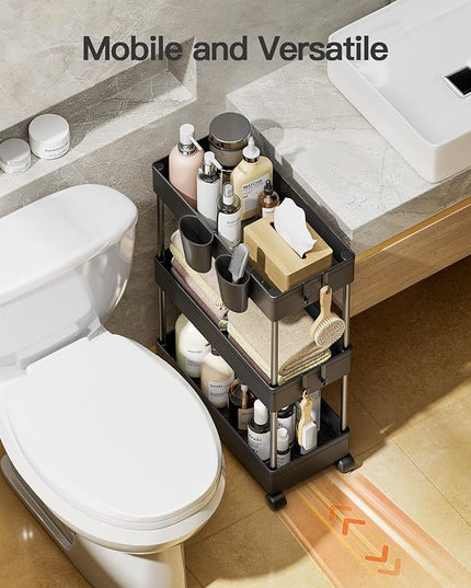 Pipishell Bathroom Cart, 2 Pack Slim Storage Cart Bathroom Organizer with Hanging Cups & Hooks, Bathroom Storage Rolling Cart for Bathroom, Laundry Room, Kitchen, Set of 2, PIUC07BK2 - LeafyLoom