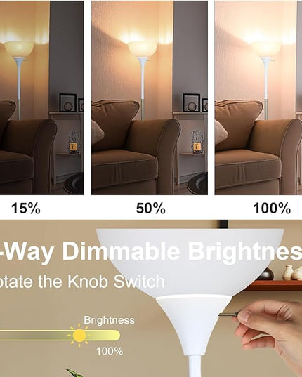 Floor Lamp, LED Standing Lamp 3 Way Dimmable Brightness Floor Lamp Rotary Switch Floor Lamps Modern Industrial Lamp with Shade, Tall Lamps for Living Room Bedroom Office Dining Room (White) - LeafyLoom