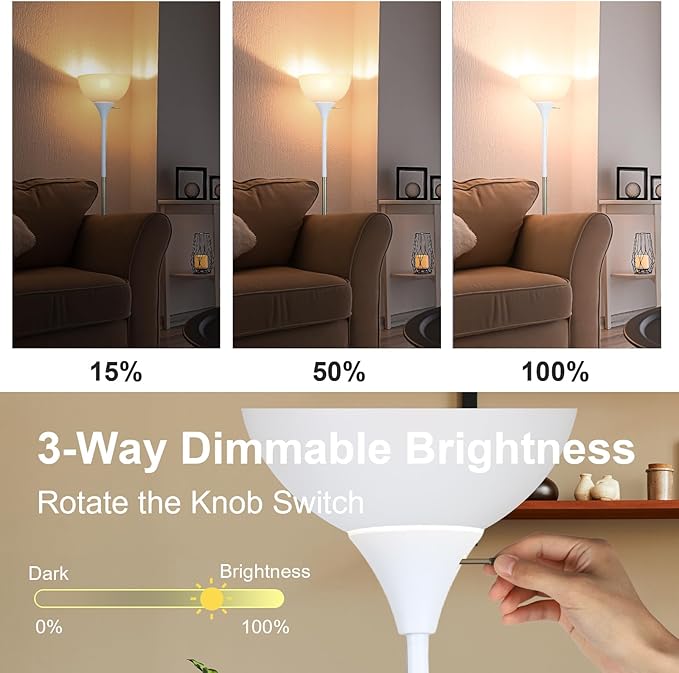 Floor Lamp, LED Standing Lamp 3 Way Dimmable Brightness Floor Lamp Rotary Switch Floor Lamps Modern Industrial Lamp with Shade, Tall Lamps for Living Room Bedroom Office Dining Room (White) - LeafyLoom