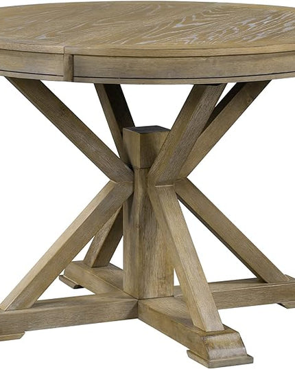 Small Dining Table Set for 4-6, Modern Round Extendable Table and Upholstered Chairs, X-Shaped Cross Base, Button Tufting Backrest, Retro Style Home Furniture for Small Spaces, Living Room - LeafyLoom