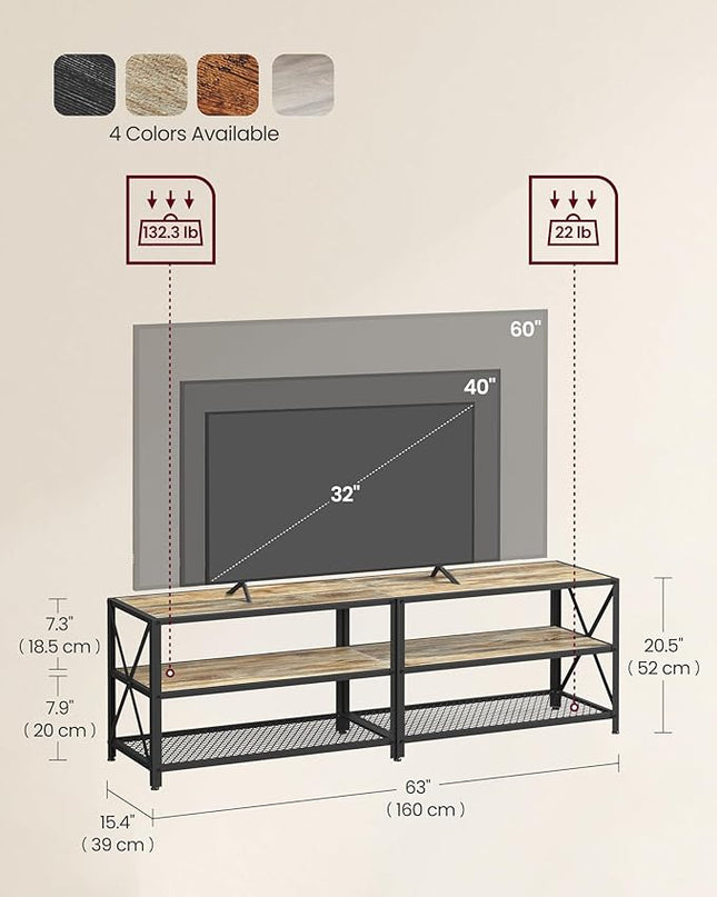 VASAGLE TV Stand, TV Console for TVs Up to 70 Inches, TV Table, 63 Inches Width, TV Cabinet with Storage Shelves, Steel Frame, for Living Room, Bedroom, Turquoise Brown and Black ULTV095B60 - LeafyLoom