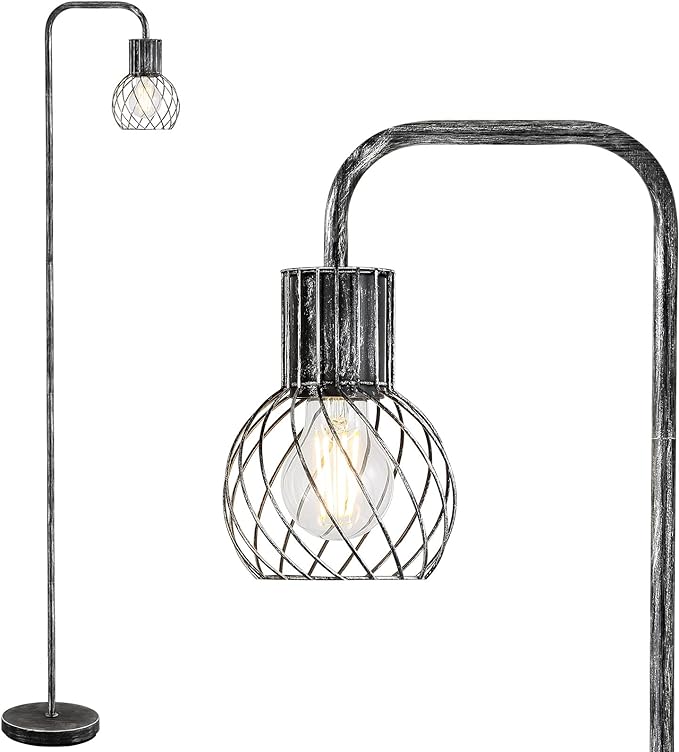 Industrial Floor Lamp, Antique Silver Standing Lamp Modern with 6W LED Bulb, Foot Switch, Metal Tall Lamps for Living Room, Bedroom, Office, Den, Vintage Stand Up Lamp, Minimalist Farmhouse Floor Lamp - LeafyLoom