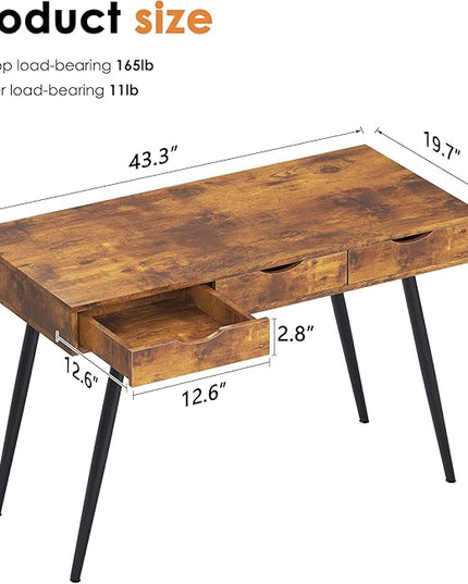 sogesfurniture Mid Century Writing Computer Desk with 3 Drawers, Makeup Vanity Table, 43.3'' Writing Study Desk for Home Office, Dressing Table, Rustic Brown - LeafyLoom