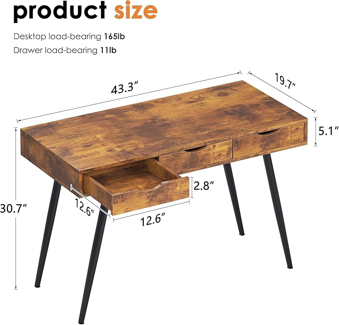 sogesfurniture Mid Century Writing Computer Desk with 3 Drawers, Makeup Vanity Table, 43.3'' Writing Study Desk for Home Office, Dressing Table, Rustic Brown - LeafyLoom