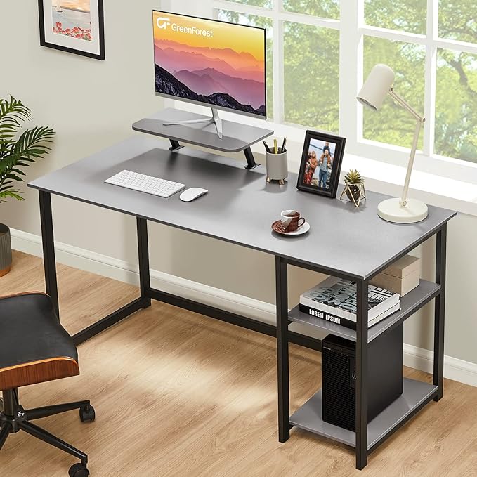 GreenForest Computer Desk with Monitor Stand,47 inch Home Office Desk with Reversible Storage Shelves,Modern Writing Desk Study PC Laptop Work Table,Grey - LeafyLoom