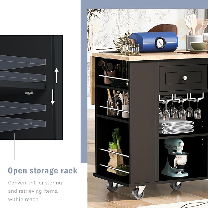 Kitchen Island with Power Outlet,Drop Leaf and Rubber Wood,Open Storage & Wine Rack,Storage Cart with 5 casters,w/Adjustable Storage for Home, Kitchen, and Dining Room, Black - LeafyLoom