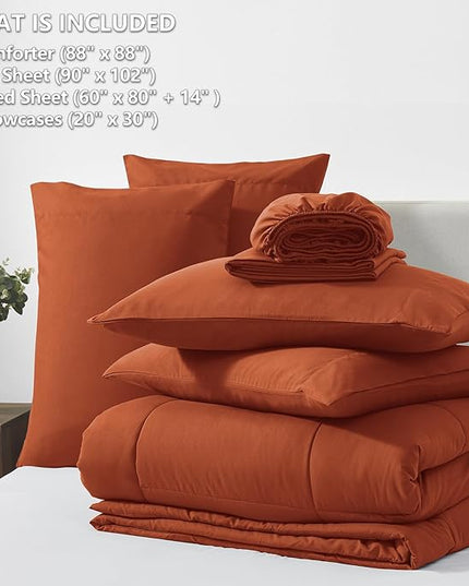 CozyLux Queen Size Comforter Set - 7 Pieces Bed in a Bag Set Burnt Orange, Bedding Sets Queen with All Season Quilted Comforter, Flat Sheet, Fitted Sheet, Pillowcases, Terracotta, Queen - LeafyLoom