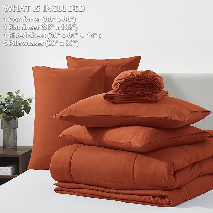 CozyLux Queen Size Comforter Set - 7 Pieces Bed in a Bag Set Burnt Orange, Bedding Sets Queen with All Season Quilted Comforter, Flat Sheet, Fitted Sheet, Pillowcases, Terracotta, Queen - LeafyLoom