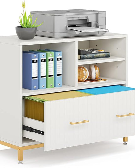 White Lateral File Cabinet with Drawer, 35.4" Modern Filing Cabinet with Adjustable Hanging Rod for Legal/Letter/A4 Size Files, Wood Printer Stand with Open Storage Spaces for Home Office - LeafyLoom