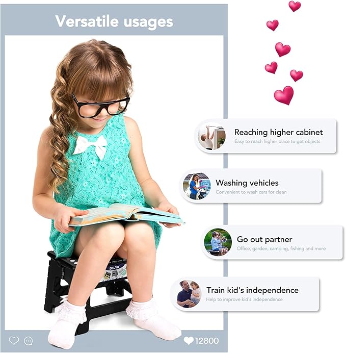 Delxo 9 Inch Folding Step Stool in Black,1 Pack Premium Heavy Duty Foldable Stool for Kids,Portable Collapsible Plastic Step Stool,Non Slip Folding Stools for Kitchen Bathroom Bedroom - LeafyLoom