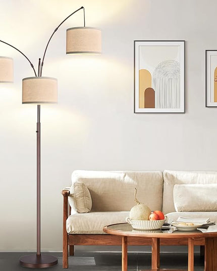 Dimmable Floor Lamp - 3 Lights Arc Floor Lamps for Living Room, 1000LM Modern Tall Standing Lamp With Beige Shades, Mid Century Tree Floor Lamp for Bedroom Office, 3 LED Bulbs Included - Brown - LeafyLoom