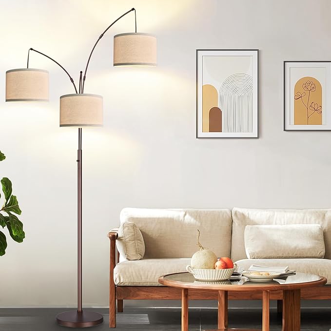 Dimmable Floor Lamp - 3 Lights Arc Floor Lamps for Living Room, 1000LM Modern Tall Standing Lamp With Beige Shades, Mid Century Tree Floor Lamp for Bedroom Office, 3 LED Bulbs Included - Brown - LeafyLoom