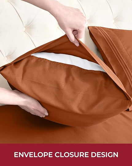 Mellanni RV Short Queen Sheets - 4 PC Iconic Collection Bedding Sheets & Pillowcases - Hotel Luxury, Extra Soft, Cooling Bed Sheets - Deep Pocket up to 10 inch (RV/Short Queen, Terracotta) - LeafyLoom