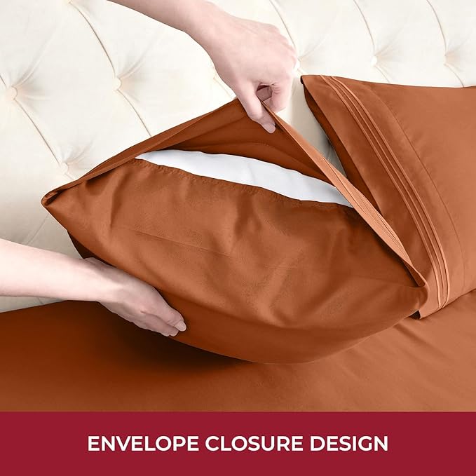 Mellanni RV Short Queen Sheets - 4 PC Iconic Collection Bedding Sheets & Pillowcases - Hotel Luxury, Extra Soft, Cooling Bed Sheets - Deep Pocket up to 10 inch (RV/Short Queen, Terracotta) - LeafyLoom