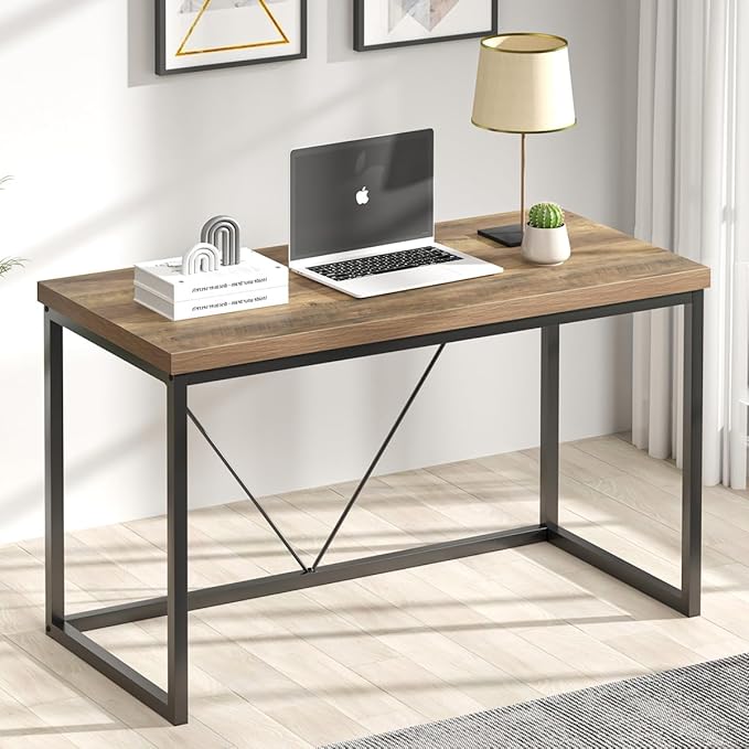FOLUBAN Modern Home Office Desk, Rustic Wood and Metal Computer Desk, Industrial Study Writing Gaming Table Workstation, Vintage Laptop PC Desk, Oak 47 Inch - LeafyLoom