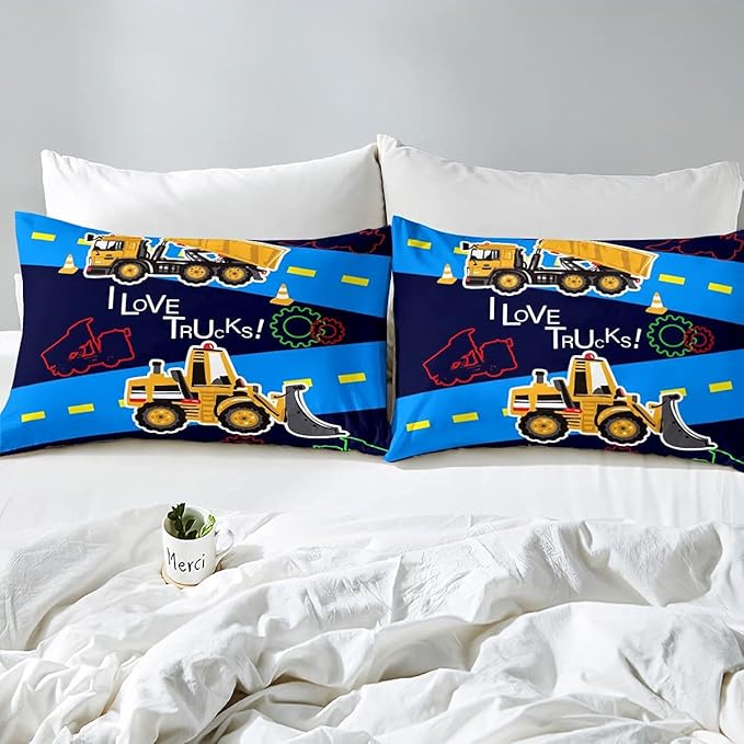 Truck Comforter Set Boys Full Down Comforter Kids Excavator Equipment Truck Bedding Set Construction Vehicle Quilt Duvet Set Cartoon Machinery Truck Gear Bulldozer Tractor Cars Duvet Set,Colorful - LeafyLoom