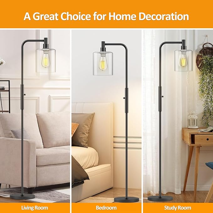 Stepless Dimmable Floor Lamps with Glass Lampshade Modern Standing Lamps with 6W LED Bulb Bright Corner Lamp Tall Pole Lamps for Living Room Bedroom Office Study Room Farmhouse, Black - LeafyLoom