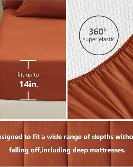 CozyLux Queen Size Comforter Set - 7 Pieces Bed in a Bag Set Burnt Orange, Bedding Sets Queen with All Season Quilted Comforter, Flat Sheet, Fitted Sheet, Pillowcases, Terracotta, Queen - LeafyLoom