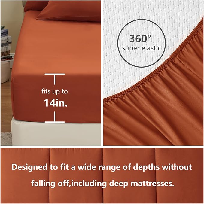CozyLux Queen Size Comforter Set - 7 Pieces Bed in a Bag Set Burnt Orange, Bedding Sets Queen with All Season Quilted Comforter, Flat Sheet, Fitted Sheet, Pillowcases, Terracotta, Queen - LeafyLoom