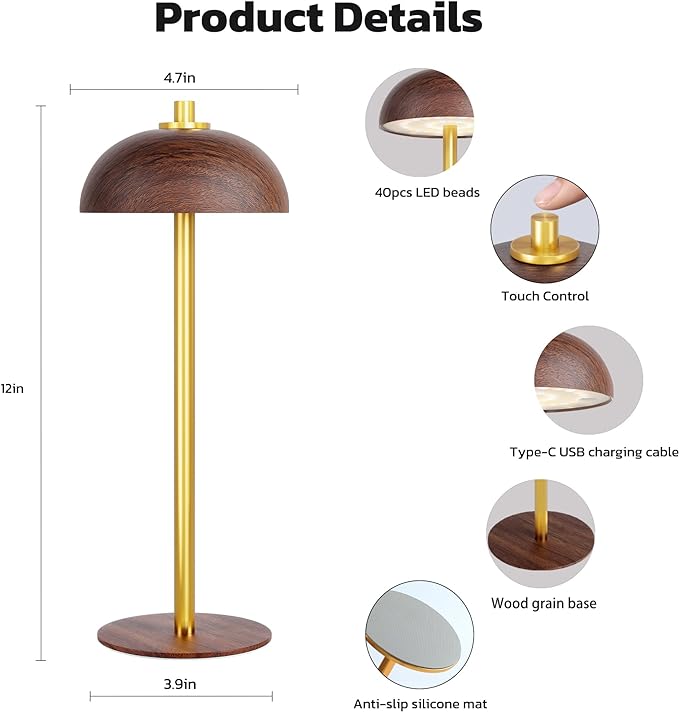 Rechargeable Cordless Table Lamp - 5000mAh Battery Powered Lamp, 3 Color Stepless Dimming LED Table Light with Memory Function for Indoor, Outdoor, Dinner, Patio, Cafe.(Wood Grain B) - LeafyLoom