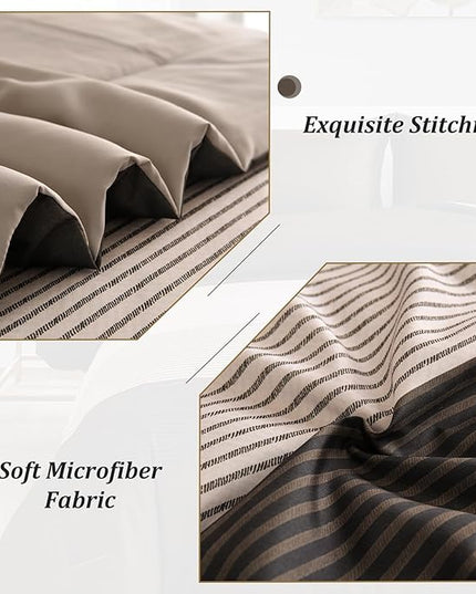 Brown Comforter Set Queen, Reversible Brown Striped Down Alternative Comforter for Queen Bed,3 Pieces (1 Comforter+2 Pillowcases), Soft Microfiber Bedding Duvet Set 90"×90" - LeafyLoom