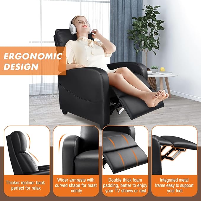 Sweetcrispy Recliner Chair for Adults, Massage PU Leather Small Recliner Home Theater Seating with Lumbar Support, Modern Reclining Chair with Padded Seat Backrest, Living Room, Black - LeafyLoom