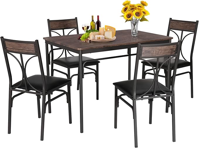VECELO 5 Piece Kitchen Table Set for Dining Room,Dinette,Breakfast Nook,Industrial Style, Seating for four, Brown - LeafyLoom