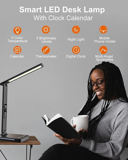 poukaran Desk Lamp, LED Desk Lamp with Wireless Charger, USB Charging Port, Table Lamp with Night Light, Desk Lights with Clock, Alarm, Date and Temperature, Black - LeafyLoom