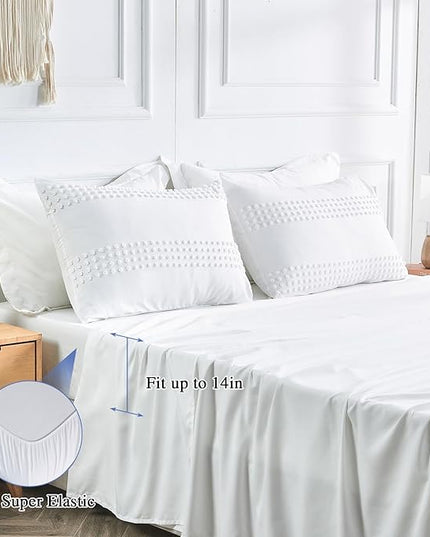 ENJOHOS Queen Comforter Set 7 Piece - White Comforters Queen Size, Queen Bed in a Bag Set, Boho Tufted Bedding Comforter Set with Pom Pom Design, Lightweight Soft Microfiber Comforter Bed Set - LeafyLoom