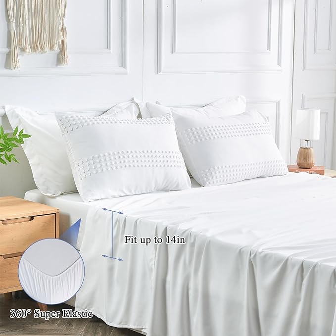 ENJOHOS Queen Comforter Set 7 Piece - White Comforters Queen Size, Queen Bed in a Bag Set, Boho Tufted Bedding Comforter Set with Pom Pom Design, Lightweight Soft Microfiber Comforter Bed Set - LeafyLoom