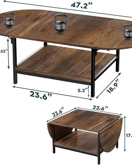 SAYGOER Coffee Table Mid Century Modern Extended Coffee Tables 2-Tier Storage Vintage Table for Living Room Farmhouse Center Table with Two Foldable Panel for Any Large or Small Space, Rustic Brown - LeafyLoom