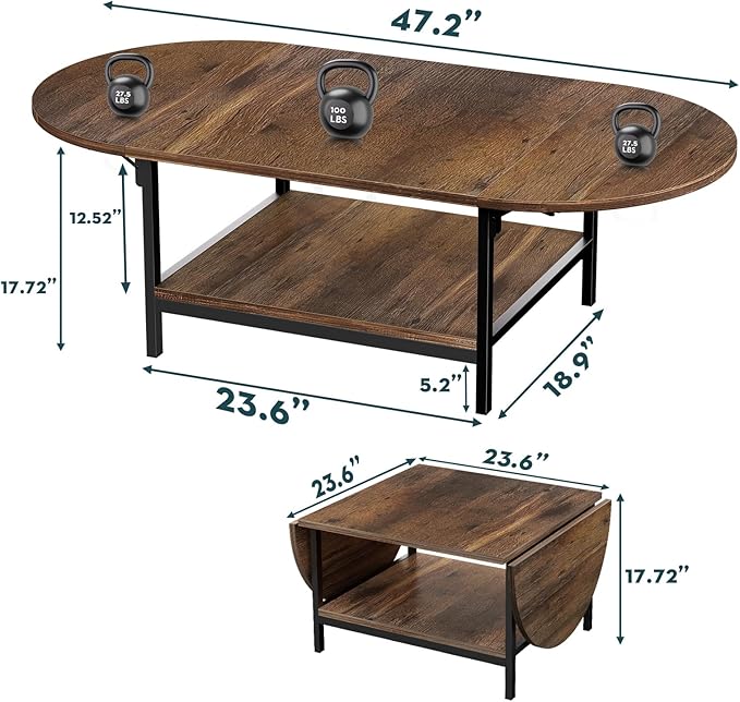 SAYGOER Coffee Table Mid Century Modern Extended Coffee Tables 2-Tier Storage Vintage Table for Living Room Farmhouse Center Table with Two Foldable Panel for Any Large or Small Space, Rustic Brown - LeafyLoom
