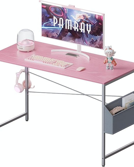 Pamray 47 Inch Computer Desk Small Spaces Desk with Storage Bag for Bedroom Writing and Home Office Work Small Study Desk Table Pink - LeafyLoom
