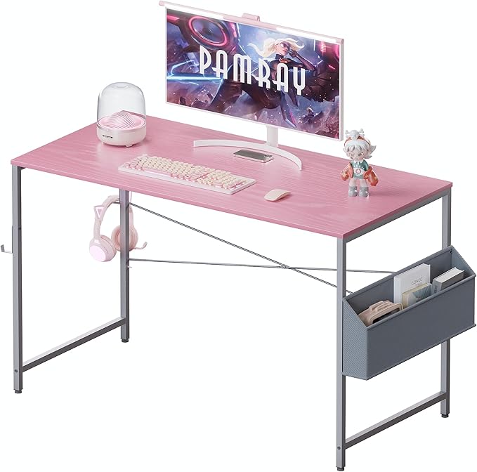 Pamray 47 Inch Computer Desk Small Spaces Desk with Storage Bag for Bedroom Writing and Home Office Work Small Study Desk Table Pink - LeafyLoom