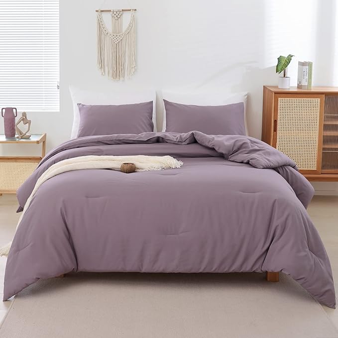 ROSGONIA Dusty Purple Comforter Set Queen, 3pcs (1 Boho Comforter & 2 Pillowcases) All Season Bedding Lightweight Bedspread Blanket Quilt Bed - LeafyLoom