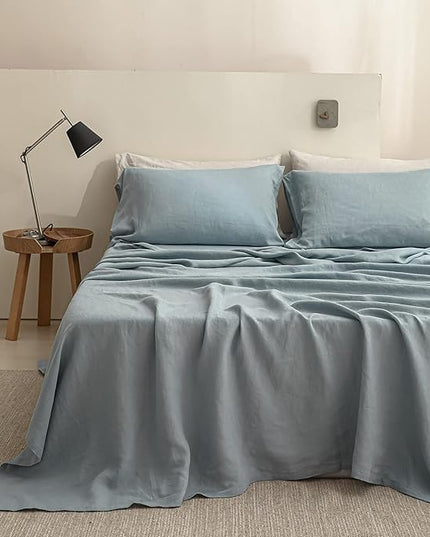Simple&Opulence 100% Linen Sheet Set Solid Color-4 Pcs Washed French Linen Bed Sheets(1 Flat Sheet,1 Fitted Sheet,2 Pillowcases)-Breathable Bedding Set (Dusty Blue, King) - LeafyLoom