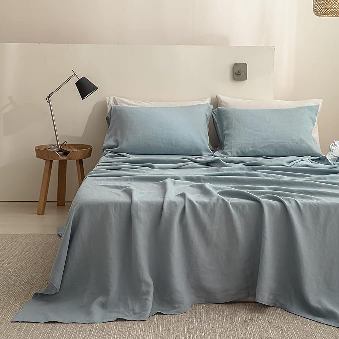 Simple&Opulence 100% Linen Sheet Set Solid Color-4 Pcs Washed French Linen Bed Sheets(1 Flat Sheet,1 Fitted Sheet,2 Pillowcases)-Breathable Bedding Set (Dusty Blue, King) - LeafyLoom