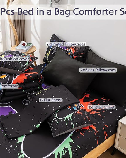 8Pcs Gamer Comforter Set with Sheets for Boys Girls Kids Teens, Colorful Graffiti Gaming Themed Bed in A Bag Queen Size, Black 3D Video Game Controller Bedroom Decor Bedding Set-Black - LeafyLoom