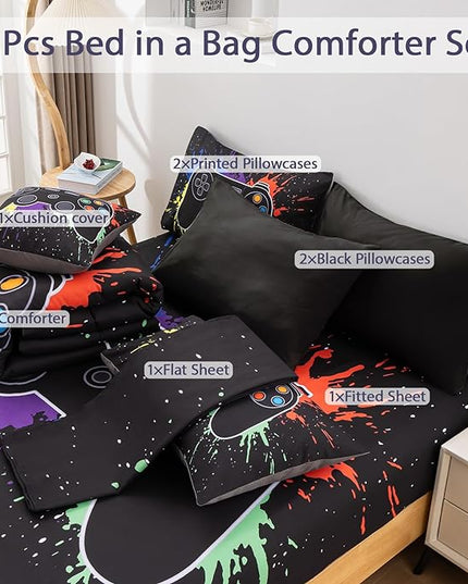 8Pcs Gamer Comforter Set with Sheets for Boys Girls Kids Teens, Colorful Graffiti Gaming Themed Bed in A Bag Twin Size, Black 3D Video Game Controller Bedroom Decor Bedding Set-Black - LeafyLoom