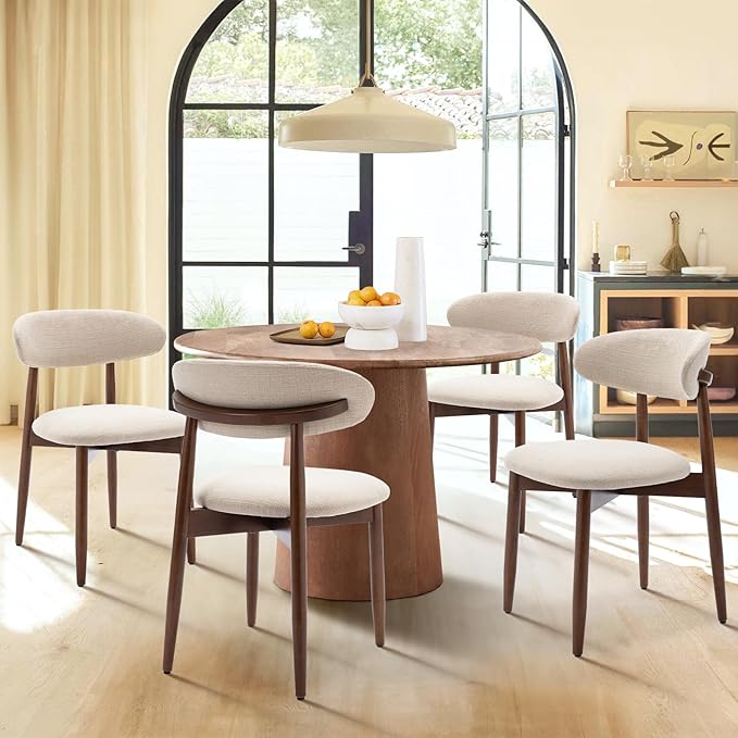 COLAMY Wooden Dining Chairs Set of 6, Modern Fabric Upholstered Kitchen Side Chairs, Farmhouse Dining Room Chair with Foot Pegs, Beige - LeafyLoom