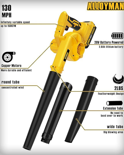 Alloyman Leaf Blower, 20V Cordless Leaf Blower, Leaf Blower Cordless with 2.0Ah Battery and Charger, Electric Leaf Blower for Yard Cleaning/Snow Blowing. - LeafyLoom