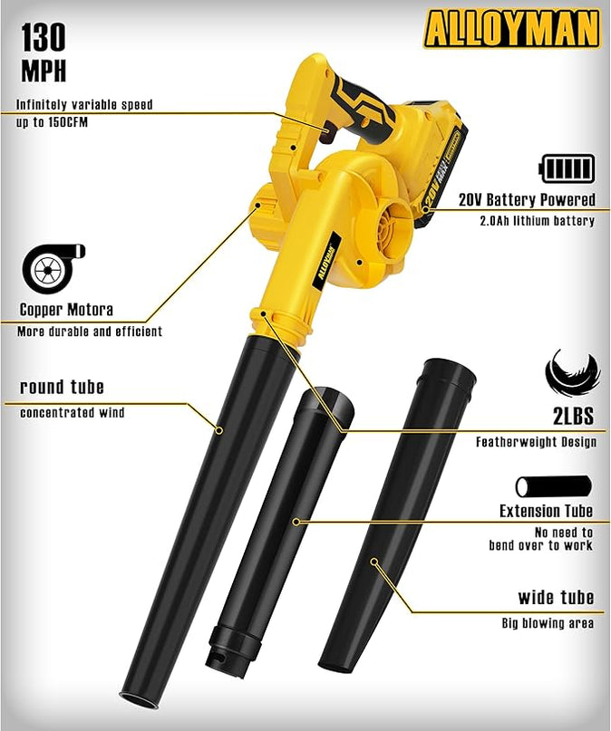 Alloyman Leaf Blower, 20V Cordless Leaf Blower, Leaf Blower Cordless with 2.0Ah Battery and Charger, Electric Leaf Blower for Yard Cleaning/Snow Blowing. - LeafyLoom